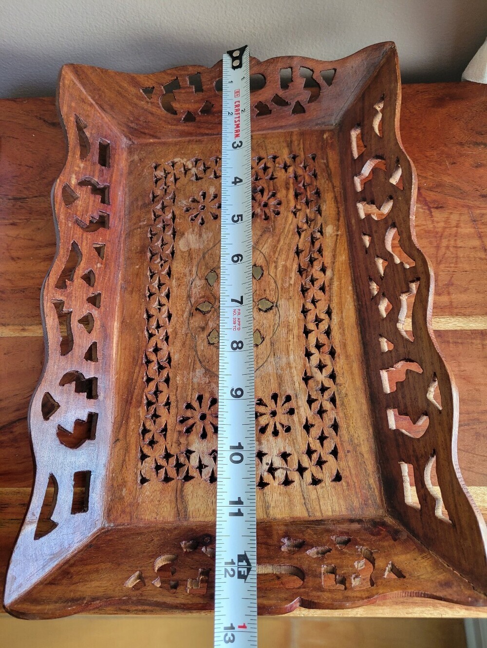 Artisanal Handcrafted Wooden Serving Tray Open-work Lattice Borders Floral Desig - Picture 8 of 11